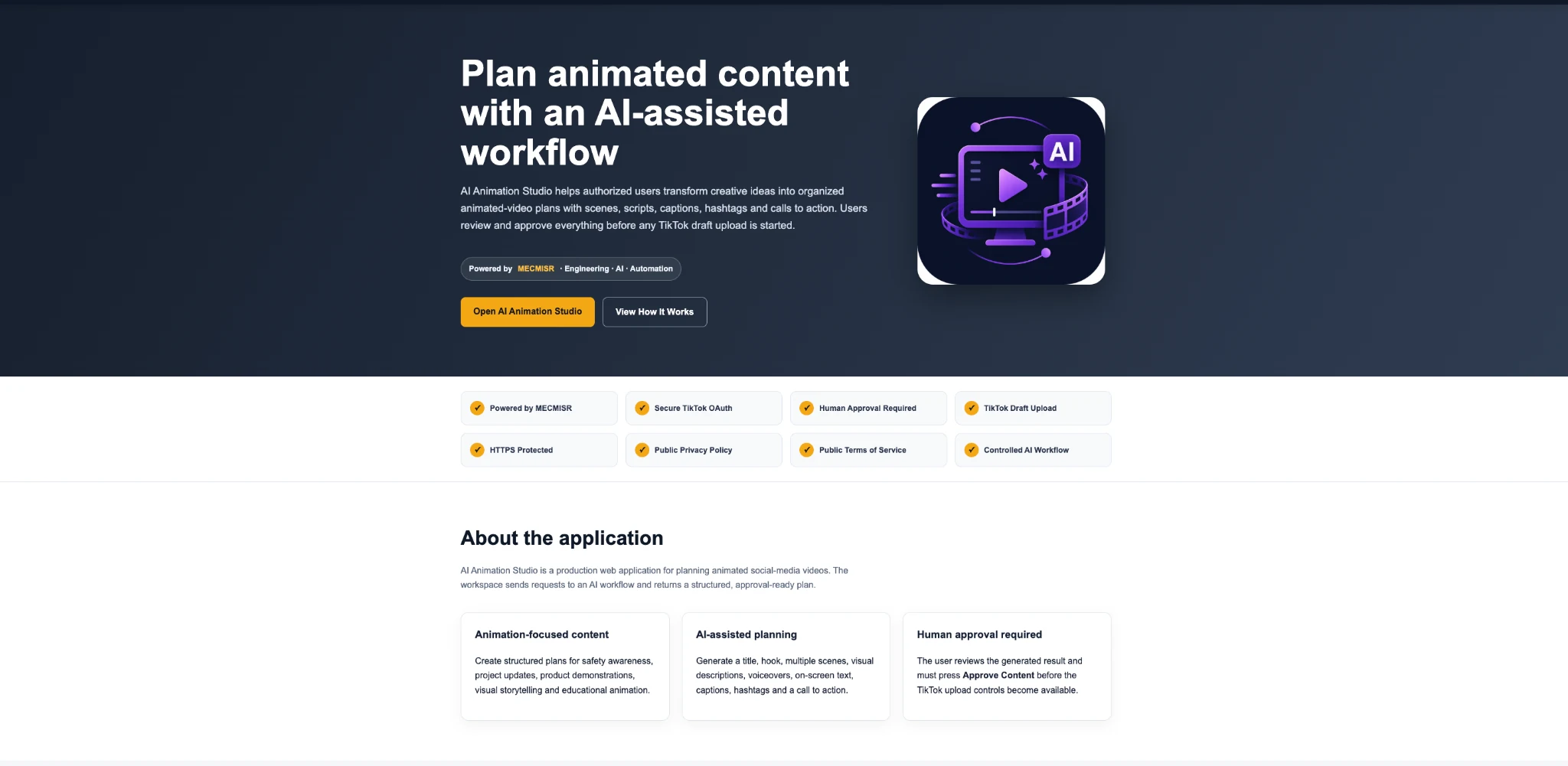 AI Animation Studio public homepage with MECMISR branding and platform trust indicators