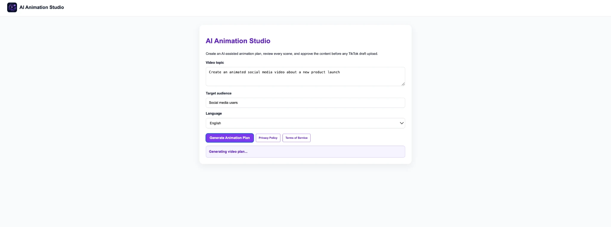 Animation workspace showing video topic, target audience, language and generation controls