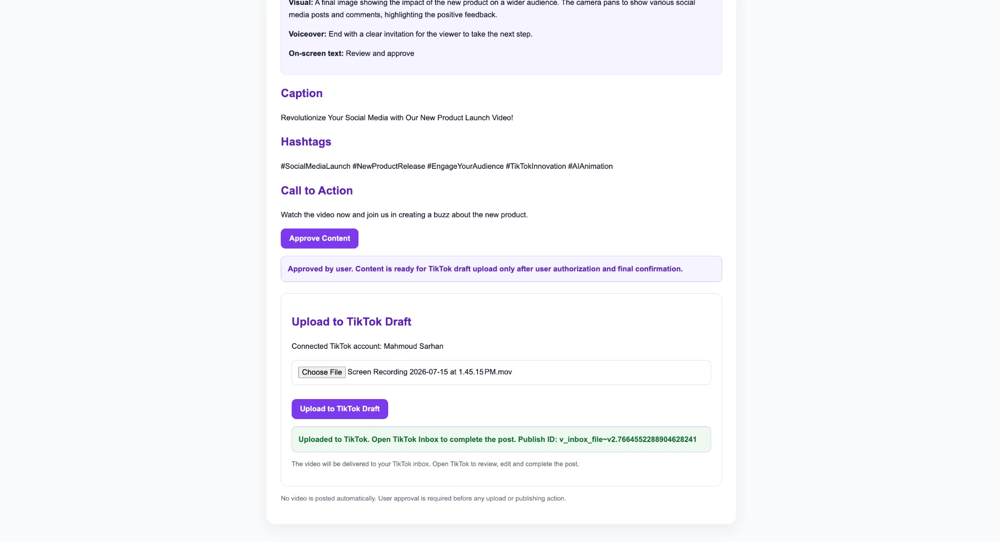 Successful TikTok draft upload confirmation inside AI Animation Studio